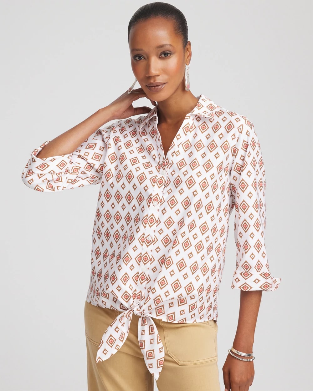 No Iron Tie-Front Geo-Print Shirt | Chico's No Iron Tie-Front Geo-Print Shirt | Chico's